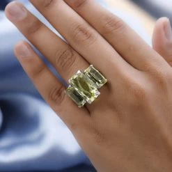 Ouro Verde Quartz 3 Stone Ring In Platinum Over Sterling Silver 19.90 Ctw -Jewelry store 7364453 5