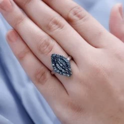 Blue Diamond Ring In Rhodium And Platinum Over Sterling Silver, Silver Sparkle Ring, Engagement Rings, Wedding Rings For Her 1.00 Ctw 12 Blue Diamond Ring In Rhodium And Platinum Over Sterling Silver, Silver Sparkle Ring, Engagement Rings, Wedding Rings For Her 1.00 Ctw -Jewelry store 7364966 2