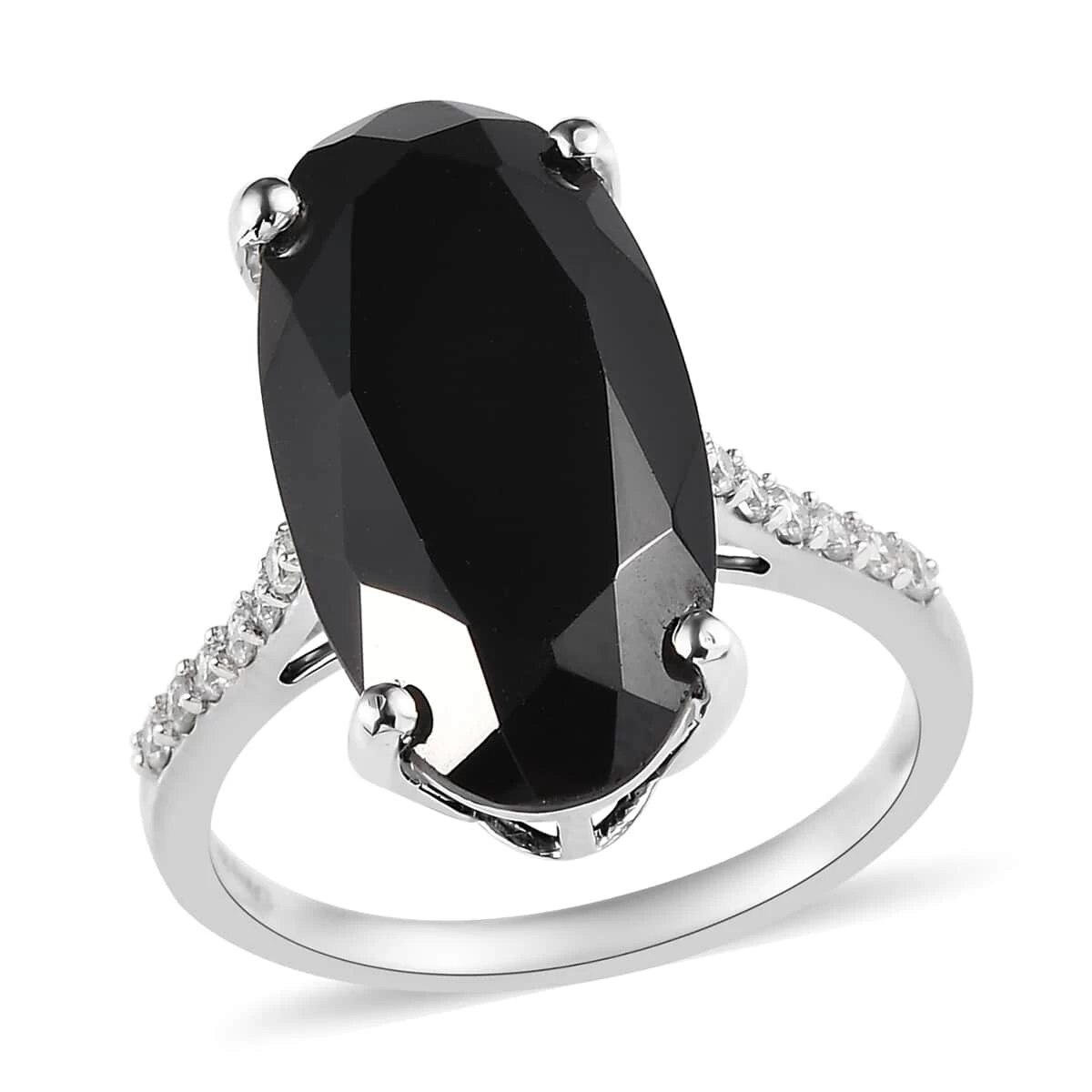 Natural Thai Black Spinel And Natural White Zircon Elongated Ring In Platinum Over Sterling Silver 12.00 Ctw 3 Natural Thai Black Spinel And Natural White Zircon Elongated Ring In Platinum Over Sterling Silver 12.00 Ctw