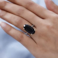 Natural Thai Black Spinel And Natural White Zircon Elongated Ring In Platinum Over Sterling Silver 12.00 Ctw 10 Natural Thai Black Spinel And Natural White Zircon Elongated Ring In Platinum Over Sterling Silver 12.00 Ctw -Jewelry store 7365770 2