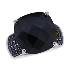 Checkerboard Cut Natural Thai Black Spinel Ring In Platinum Over Sterling Silver 14.00 Ctw
