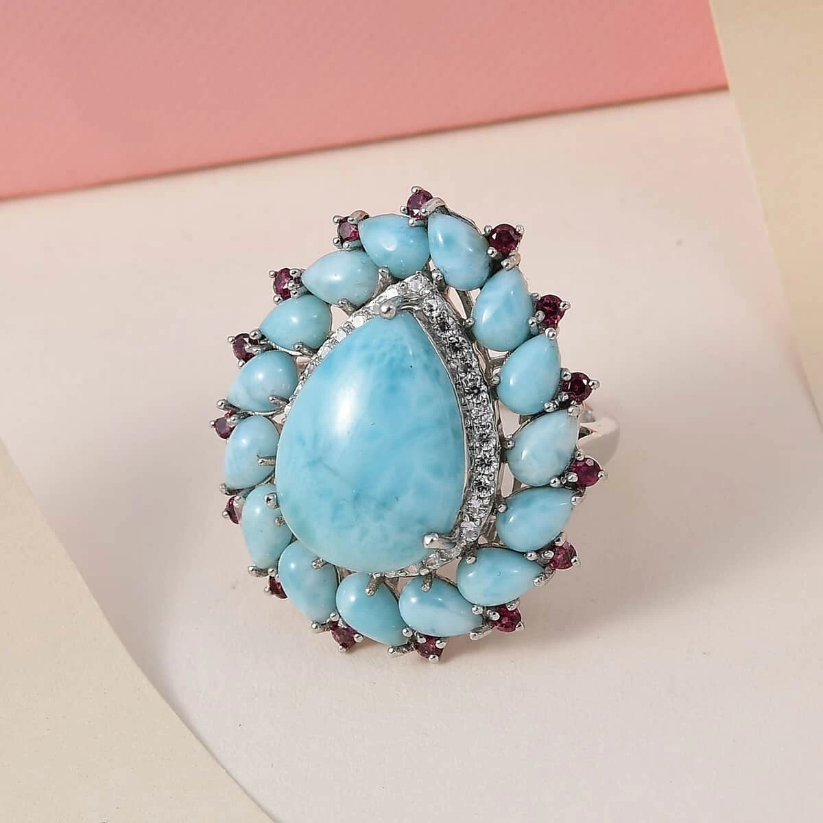 Larimar Floral Ring, Multi Gemstone Cocktail Ring, Sterling Silver Ring, Larimar Cluster Ring 4 Larimar Floral Ring, Multi Gemstone Cocktail Ring, Sterling Silver Ring, Larimar Cluster Ring - Image 2