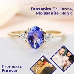 LUXORO 10K Yellow Gold AAA Tanzanite, Moissanite Trilogy Ring 1.15 Ctw -Jewelry store 7382224 1