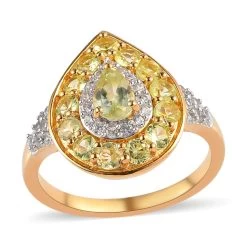 Natural Chrysoberyl And Natural White Zircon Double Halo Ring In Vermeil Yellow Gold Over Sterling Silver 2.00 Ctw
