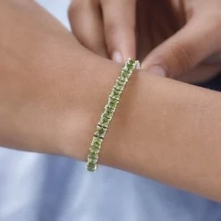 Asscher Cut American Natural Arizona Peridot Bracelet In Platinum Over Sterling Silver (6.50 In) 12.40 Ctw -Jewelry store 7387086 2