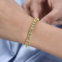 Asscher Cut Arizona Peridot Tennis Bracelet In Platinum Over Sterling Silver (7.25 In) 13.85 Ctw -Jewelry store 7387089 2
