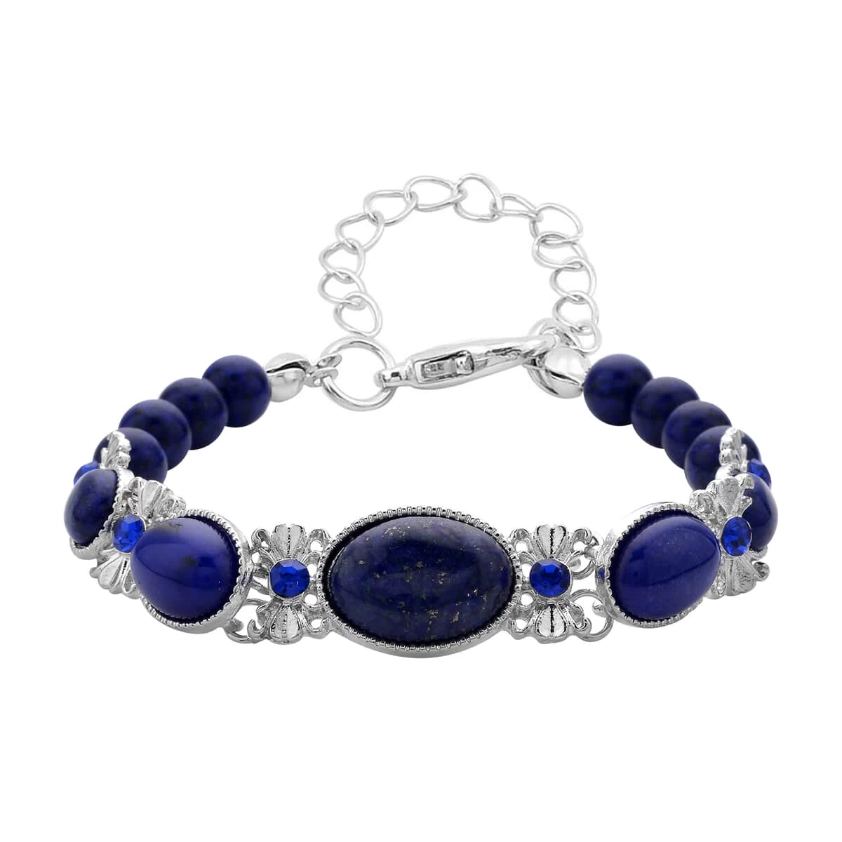 Lapis Lazuli, Blue Glass Beaded Bracelet In Silvertone (8.00 In) 59.00 Ctw 3 Lapis Lazuli, Blue Glass Beaded Bracelet In Silvertone (8.00 In) 59.00 Ctw