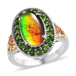 Canadian Ammolite And Multi Gemstone Halo Ring In Vermeil YG And Platinum Over Sterling Silver 0.65 Ctw