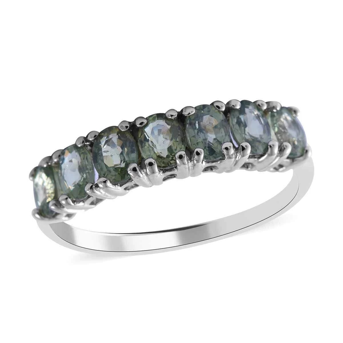 Madagascar Green Sapphire 7 Stone Ring In Platinum Over Sterling Silver 1.60 Ctw 3 Madagascar Green Sapphire 7 Stone Ring In Platinum Over Sterling Silver 1.60 Ctw