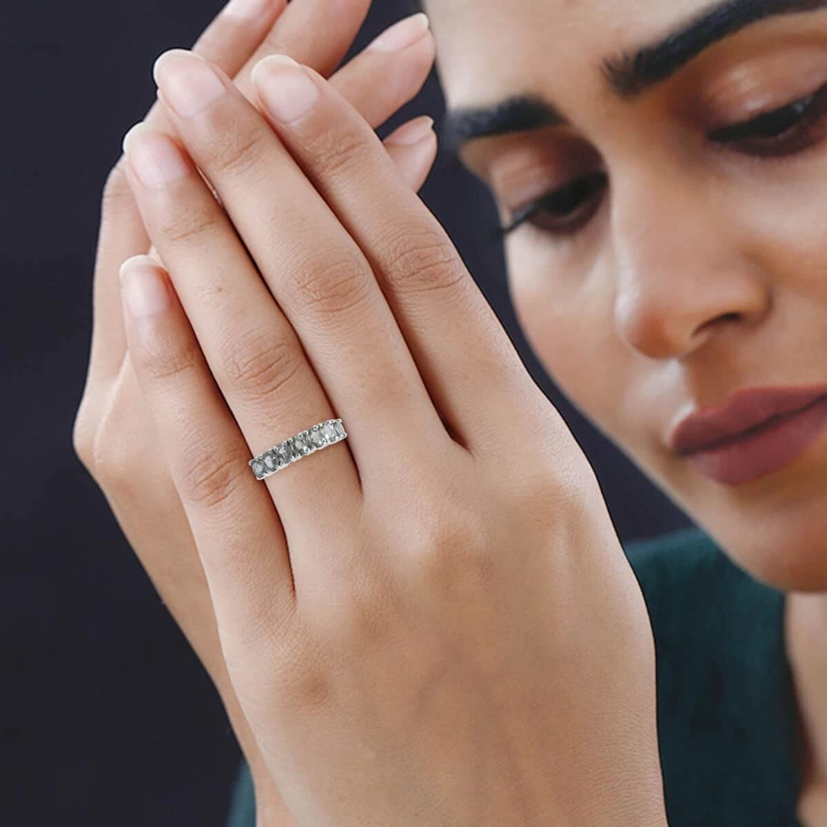 Madagascar Green Sapphire 7 Stone Ring In Platinum Over Sterling Silver 1.60 Ctw 4 Madagascar Green Sapphire 7 Stone Ring In Platinum Over Sterling Silver 1.60 Ctw - Image 2