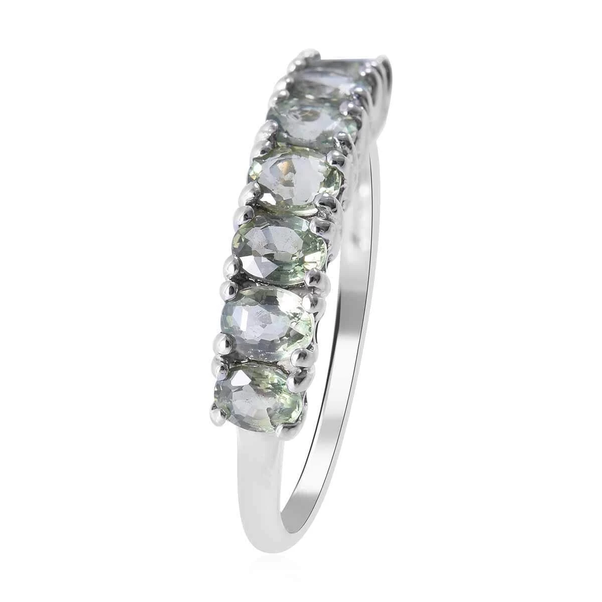 Madagascar Green Sapphire 7 Stone Ring In Platinum Over Sterling Silver 1.60 Ctw 5 Madagascar Green Sapphire 7 Stone Ring In Platinum Over Sterling Silver 1.60 Ctw - Image 3