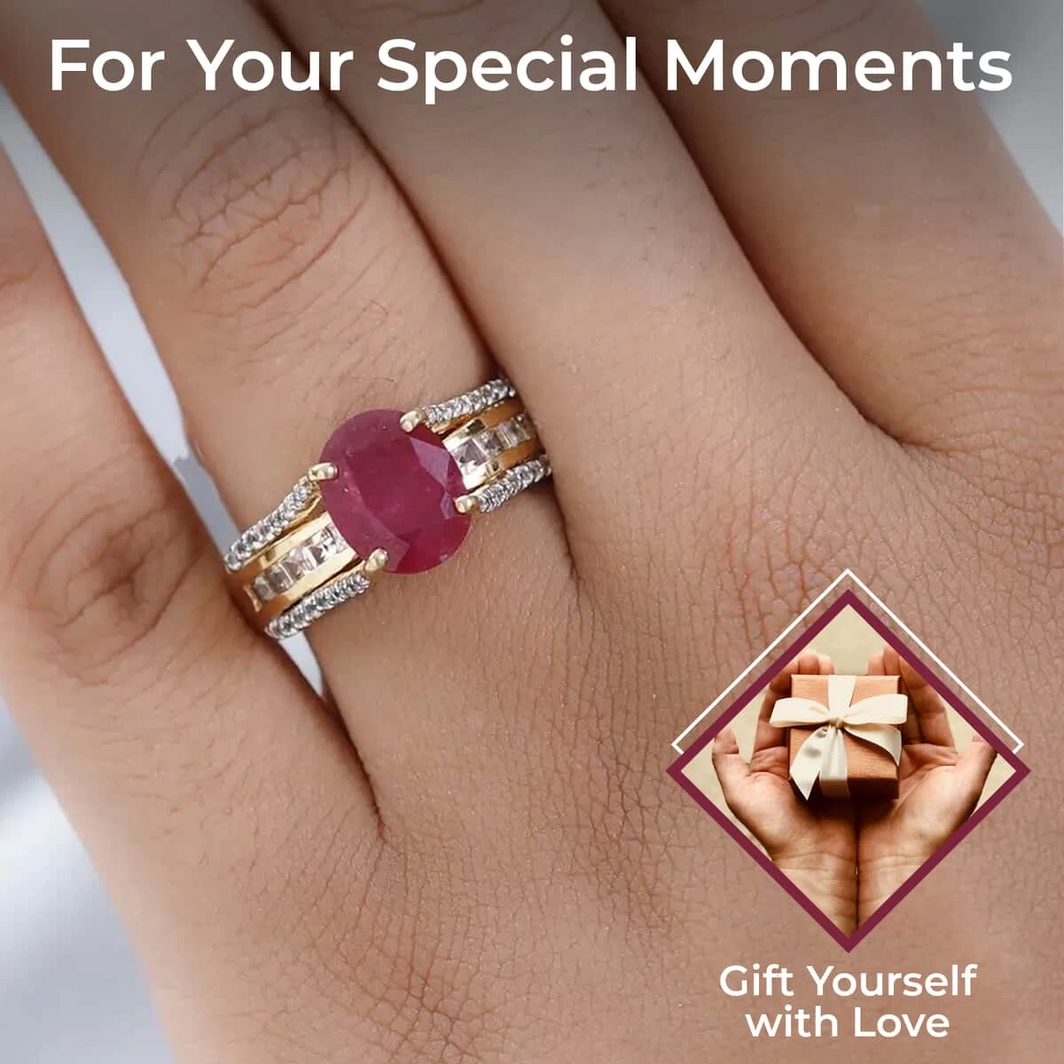 Niassa Ruby Ring, White Topaz Accent Ring, Vermeil Yellow Gold Over Sterling Silver Ring 4.75 Ctw 5 Niassa Ruby Ring, White Topaz Accent Ring, Vermeil Yellow Gold Over Sterling Silver Ring 4.75 Ctw - Image 3