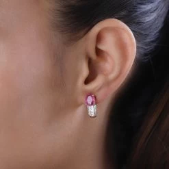 Ilakaka Hot Pink Sapphire Earrings, Pink Sapphire J Hoop Earrings, White Topaz Accent Earrings, Vermeil Rose Gold Over Sterling Silver Earrings 4.00 Ctw -Jewelry store 7460933 2
