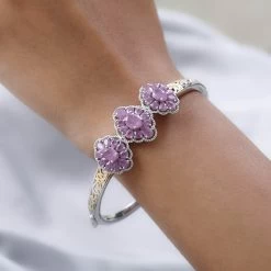 Ilakaka Hot Pink Sapphire (FF) Bangle Bracelet In Vermeil Yellow Gold And Platinum Over Sterling Silver (7.25 In) 12.10 Ctw -Jewelry store 7461140 2
