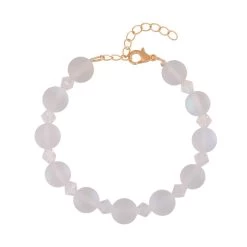 White Aurora Borealis Glass And White Glass Beaded Bracelet In 14K YG Over Sterling Silver (7.5-8.5In)