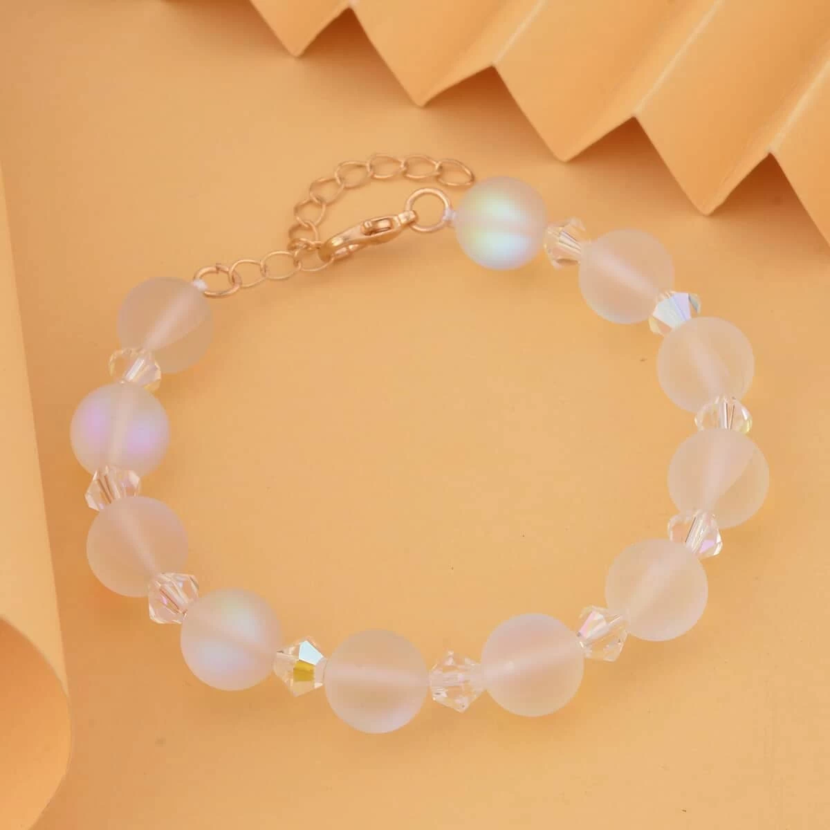 White Aurora Borealis Glass And White Glass Beaded Bracelet In 14K YG Over Sterling Silver (7.5-8.5In) 4 White Aurora Borealis Glass And White Glass Beaded Bracelet In 14K YG Over Sterling Silver (7.5-8.5In) - Image 2