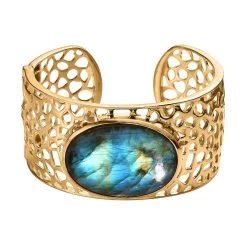 Karis Malagasy Labradorite Cuff Bracelet In 18K YG Plated (7.25 In) 83.15 Ctw