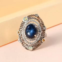 GP Celsteial Dreams Collection Blue Star Sapphire (DF), Multi Gemstone Ring In Platinum Over Sterling Silver 7.35 Ctw -Jewelry store 7489609 1