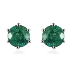 AAA Kagem Zambian Emerald Solitaire Stud Earrings In Platinum Over Sterling Silver 1.00 Ctw