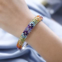 Multi Gemstone Bangle Bracelet In Platinum Over Sterling Silver (8.00 In) 9.65 Ctw -Jewelry store 7491277 2
