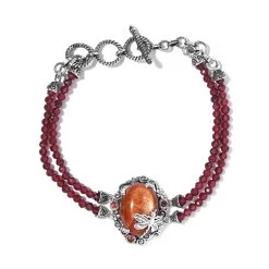 Artisan Crafted Sri Lankan Sunstone And Mozambique Garnet Dragonfly Double-Row Toggle Clasp Bracelet Sterling Silver (7.25 In) 46.90 Ctw