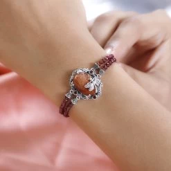 Artisan Crafted Sri Lankan Sunstone And Mozambique Garnet Dragonfly Double-Row Toggle Clasp Bracelet Sterling Silver (7.25 In) 46.90 Ctw -Jewelry store 7504268 2
