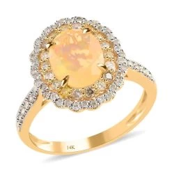 Ankur Treasure Chest Modani 14K Yellow Gold Ethiopian Welo Opal Ring, Multi Color Diamond Accent Ring, Gold Ring, Floral Halo Ring 1.45 Ctw