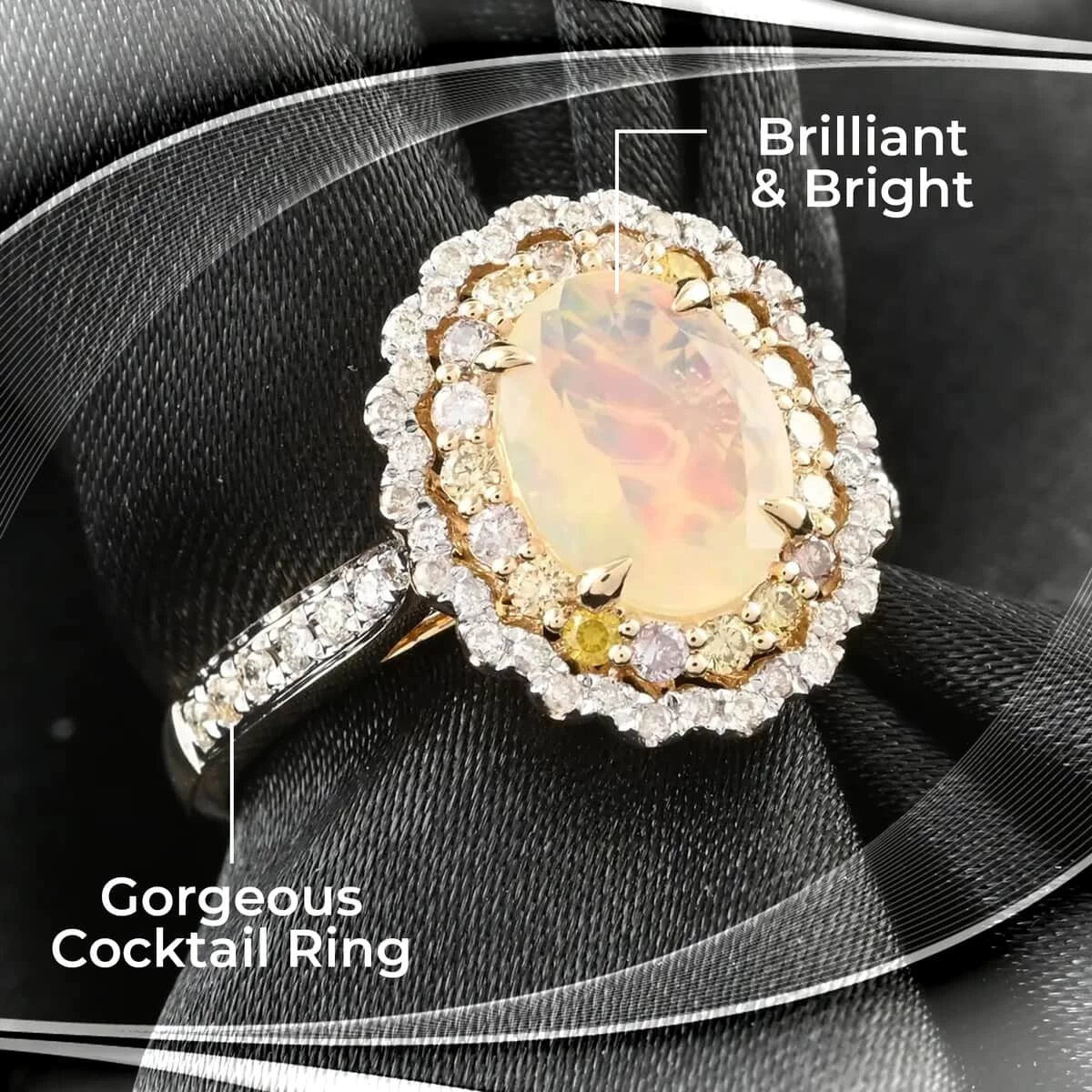 Ankur Treasure Chest Modani 14K Yellow Gold Ethiopian Welo Opal Ring, Multi Color Diamond Accent Ring, Gold Ring, Floral Halo Ring 1.45 Ctw 4 Ankur Treasure Chest Modani 14K Yellow Gold Ethiopian Welo Opal Ring, Multi Color Diamond Accent Ring, Gold Ring, Floral Halo Ring 1.45 Ctw - Image 2