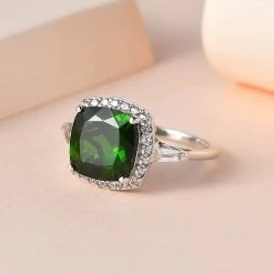 Chrome Diopside And White Zircon Halo Ring In Platinum Over Sterling Silver 5.00 Ctw -Jewelry store 7505155 1