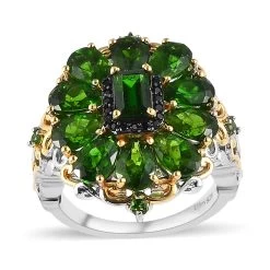 Chrome Diopside And Thai Black Spinel Cluster Ring In Vermeil YG And Platinum Over Sterling Silver 4.50 Ctw