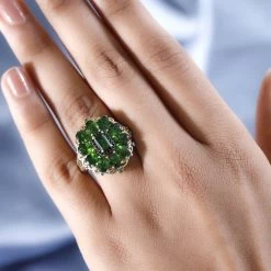 Chrome Diopside And Thai Black Spinel Cluster Ring In Vermeil YG And Platinum Over Sterling Silver 4.50 Ctw -Jewelry store 7506030 2