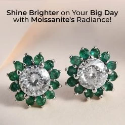 TLV 120 Facets Moissanite (Rnd 6.5mm), Kagem Zambian Emerald Ruby Floral Stud Earrings In Platinum Over Sterling Silver 2.80 Ctw -Jewelry store 7506566 1