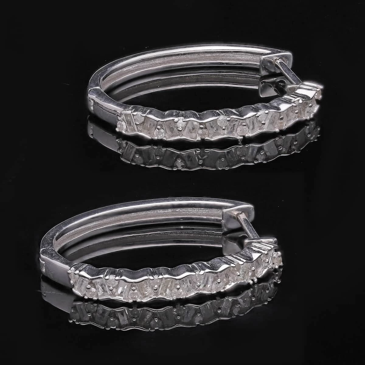 Diamond Hoop Earrings In Platinum Over Sterling Silver 0.50 Ctw 4 Diamond Hoop Earrings In Platinum Over Sterling Silver 0.50 Ctw - Image 2