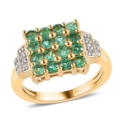 AAA Kagem Zambian Emerald And White Zircon Ring In Vermeil Yellow Gold Over Sterling Silver 0.90 Ctw