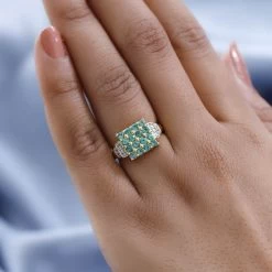 AAA Kagem Zambian Emerald And White Zircon Ring In Vermeil Yellow Gold Over Sterling Silver 0.90 Ctw -Jewelry store 7511468 2
