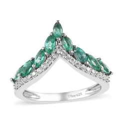 AAA Kagem Zambian Emerald Ring , Emerald Wishbone Ring , White Zircon Accents Ring , Platinum Over Sterling Silver Ring 1.00 Ctw