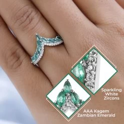 AAA Kagem Zambian Emerald Ring , Emerald Wishbone Ring , White Zircon Accents Ring , Platinum Over Sterling Silver Ring 1.00 Ctw -Jewelry store 7511497 2