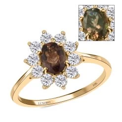 Luxoro 10K Yellow Gold Premium Bekily Color Change Garnet And Moissanite Sunburst Ring 1.60 Ctw
