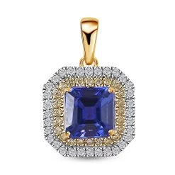 Iliana 18K Yellow Gold AAA Tanzanite And SI Natural Yellow And White Diamond Double Halo Pendant 1.90 Ctw
