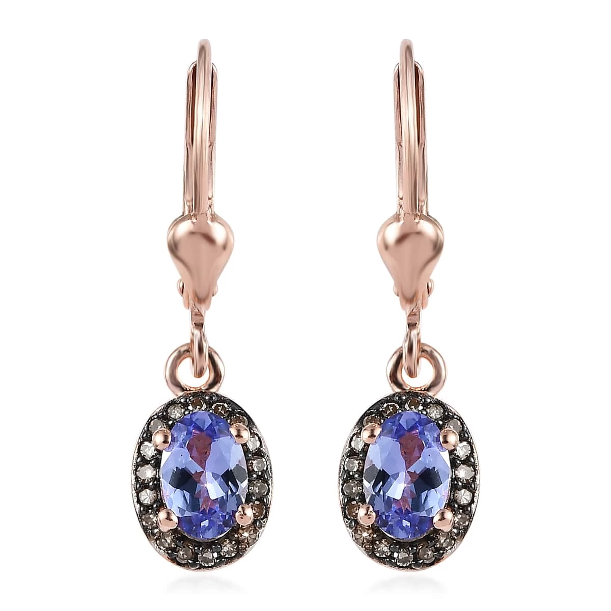 Tanzanite And Natural Champagne Diamond Lever Back Earrings In Vermeil Rose Gold Over Sterling Silver 1.00 Ctw 3 Tanzanite And Natural Champagne Diamond Lever Back Earrings In Vermeil Rose Gold Over Sterling Silver 1.00 Ctw
