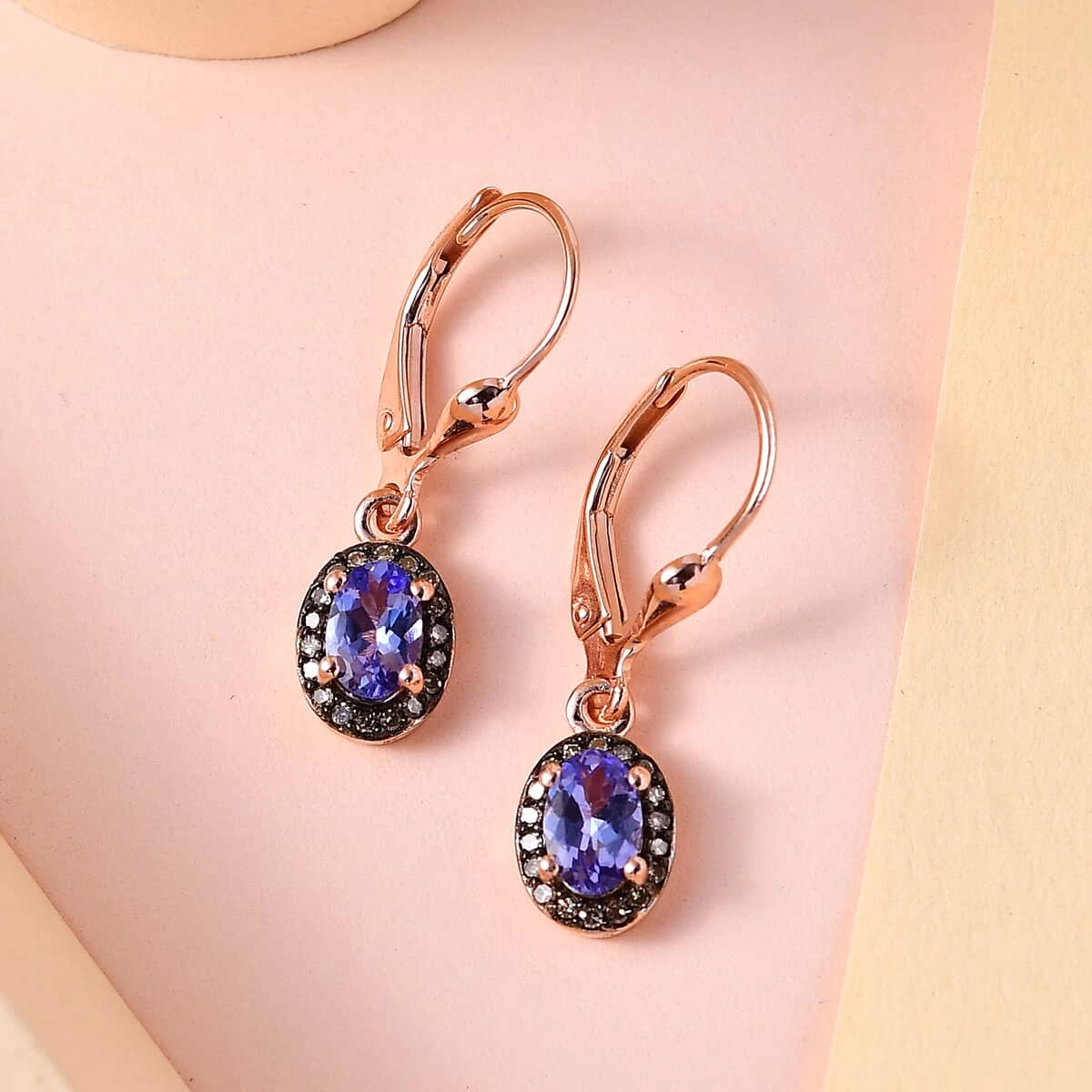 Tanzanite And Natural Champagne Diamond Lever Back Earrings In Vermeil Rose Gold Over Sterling Silver 1.00 Ctw 4 Tanzanite And Natural Champagne Diamond Lever Back Earrings In Vermeil Rose Gold Over Sterling Silver 1.00 Ctw - Image 2