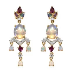 Ethiopian Welo Opal And Multi Gemstone Floral Chandelier Earrings In Vermeil Yellow Gold Over Sterling Silver 5.75 Ctw