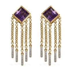 Amethyst And Moissanite Dangling Fringe Earrings In Vermeil Yellow Gold Over Sterling Silver 5.35 Ctw