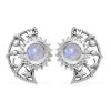 Premium Rainbow Moonstone, Moissanite Celestial Sun, Moon, And Stars Statement Earrings In Platinum Over Sterling Silver 1.60 Ctw