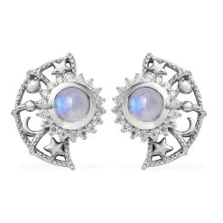 Premium Rainbow Moonstone, Moissanite Celestial Sun, Moon, And Stars Statement Earrings In Platinum Over Sterling Silver 1.60 Ctw