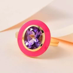 Doorbuster Rose De France Amethyst Solitaire Pink Enameled Ring In Vermeil Yellow Gold Over Sterling Silver 3.25 Ctw 9 Doorbuster Rose De France Amethyst Solitaire Pink Enameled Ring In Vermeil Yellow Gold Over Sterling Silver 3.25 Ctw -Jewelry store 7512444 1