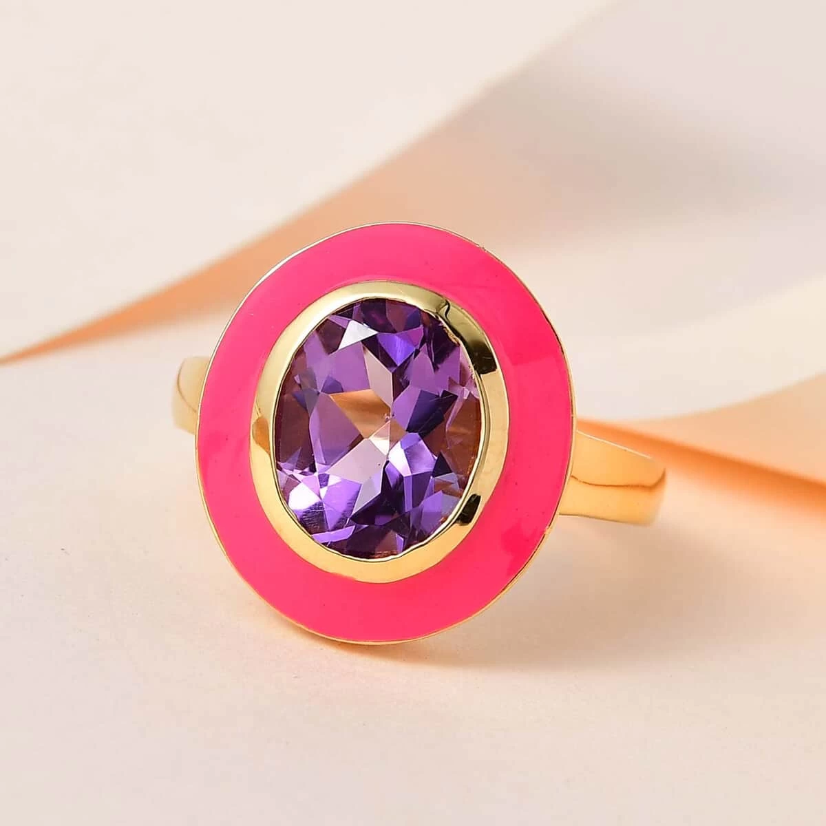 Doorbuster Rose De France Amethyst Solitaire Pink Enameled Ring In Vermeil Yellow Gold Over Sterling Silver 3.25 Ctw 4 Doorbuster Rose De France Amethyst Solitaire Pink Enameled Ring In Vermeil Yellow Gold Over Sterling Silver 3.25 Ctw - Image 2