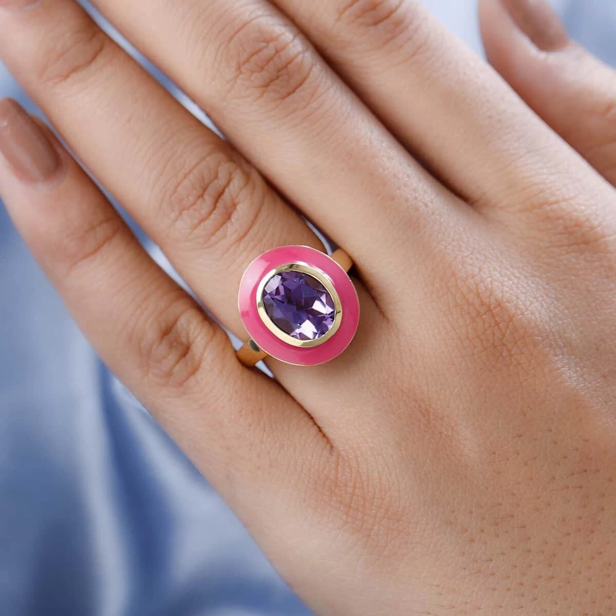 Doorbuster Rose De France Amethyst Solitaire Pink Enameled Ring In Vermeil Yellow Gold Over Sterling Silver 3.25 Ctw 5 Doorbuster Rose De France Amethyst Solitaire Pink Enameled Ring In Vermeil Yellow Gold Over Sterling Silver 3.25 Ctw - Image 3