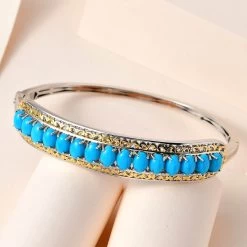 Premium Sleeping Beauty Turquoise Bangle Bracelet In Vermeil Yellow Gold And Platinum Over Sterling Silver (7.25 In) 10.75 Ctw (Del. In 3-5 Days) -Jewelry store 7512742 1