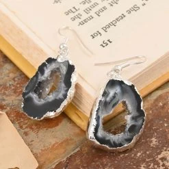 Black Geode Slice Earrings In Silvertone 28.80 Ctw -Jewelry store 7513500 1